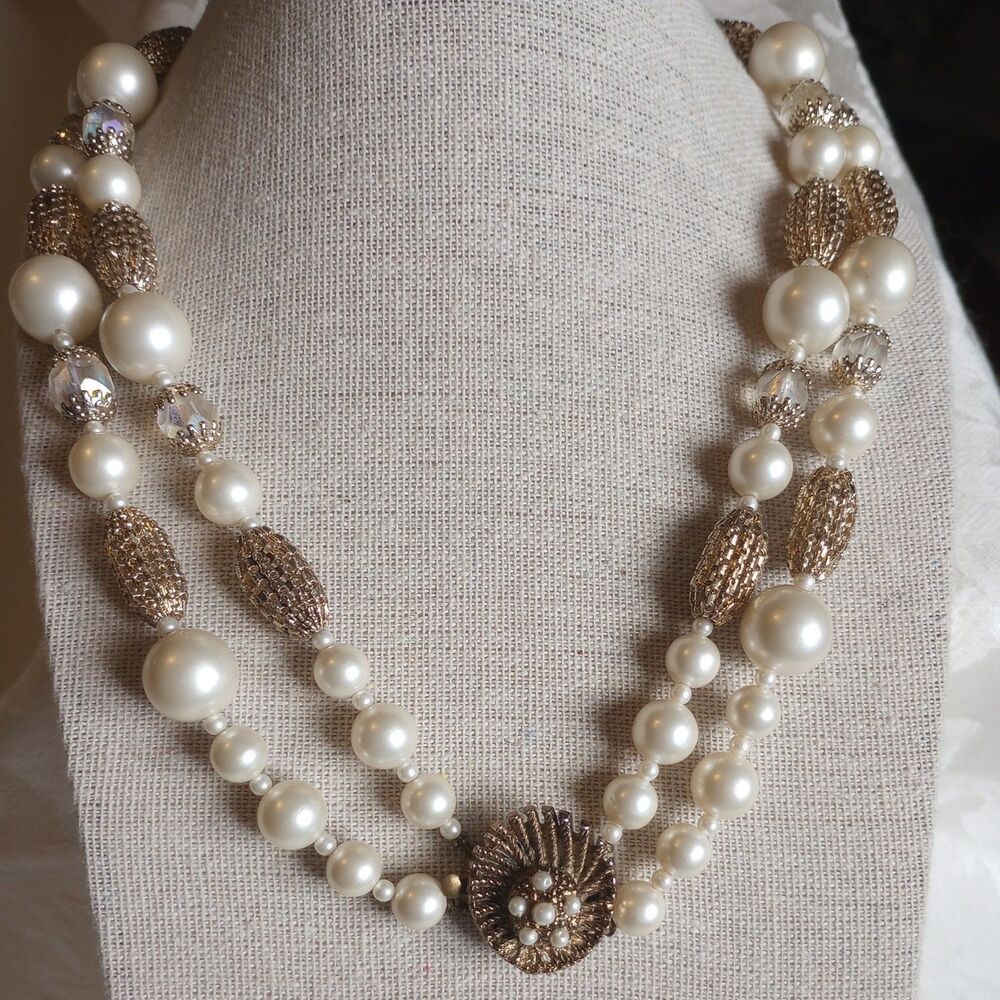 Vintage Japan Faux white Pearls Crystals AB filigree Beads Two Strand Necklace